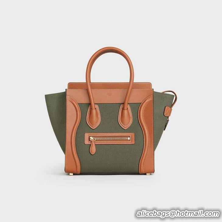 Inexpensive CELINE MICRO LUGGAGE HANDBAG IN TEXTILE AND CALFSKIN 167793 TAN&Khaki