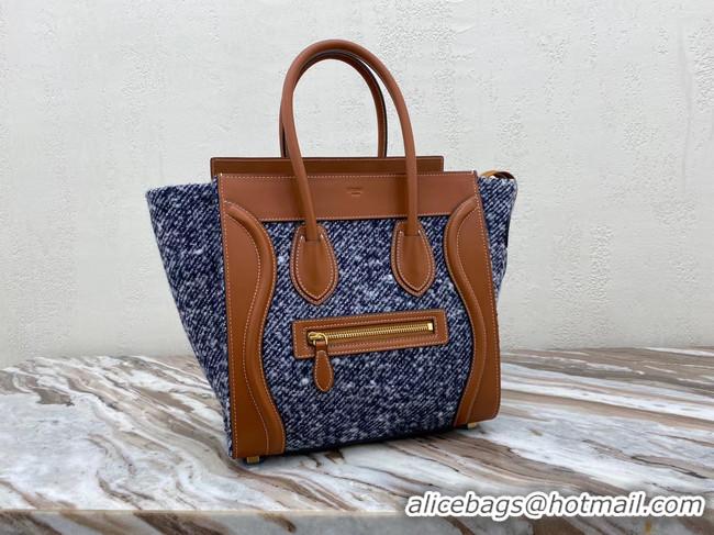 Shop Cheap CELINE MICRO LUGGAGE HANDBAG IN TEXTILE AND CALFSKIN 167793 TAN&BLUE