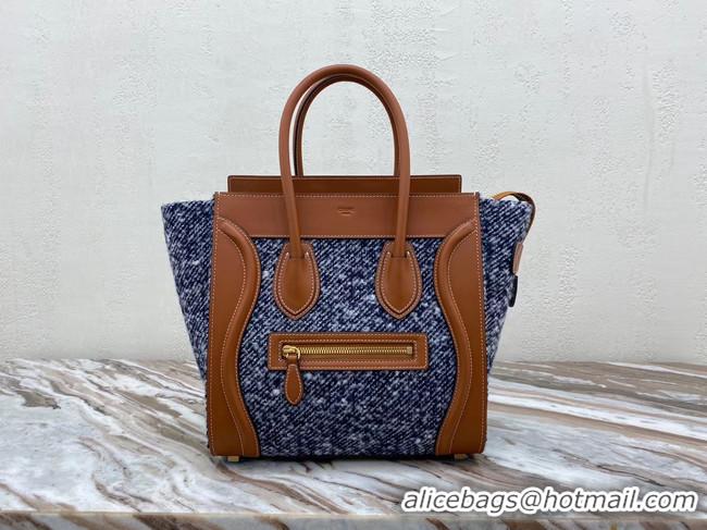 Shop Cheap CELINE MICRO LUGGAGE HANDBAG IN TEXTILE AND CALFSKIN 167793 TAN&BLUE