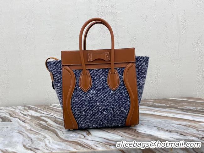 Shop Cheap CELINE MICRO LUGGAGE HANDBAG IN TEXTILE AND CALFSKIN 167793 TAN&BLUE