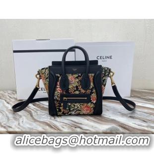 Promotional CELINE NANO LUGGAGE BAG IN FLORAL JACQUARD AND CALFSKIN 189242 BLACK