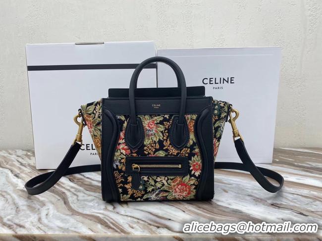 Promotional CELINE NANO LUGGAGE BAG IN FLORAL JACQUARD AND CALFSKIN 189242 BLACK