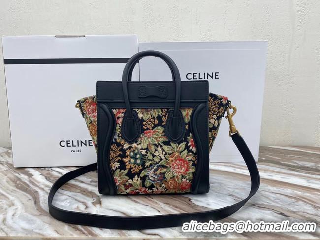 Promotional CELINE NANO LUGGAGE BAG IN FLORAL JACQUARD AND CALFSKIN 189242 BLACK