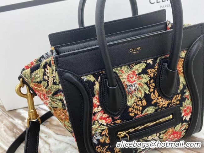 Promotional CELINE NANO LUGGAGE BAG IN FLORAL JACQUARD AND CALFSKIN 189242 BLACK