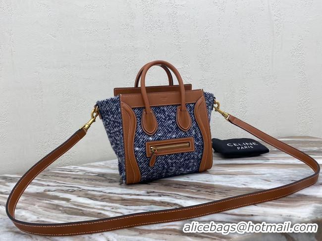 Top Grade CELINE NANO LUGGAGE BAG IN FLORAL JACQUARD AND CALFSKIN 189242 TAN&BLUE