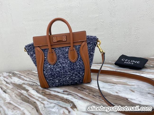 Top Grade CELINE NANO LUGGAGE BAG IN FLORAL JACQUARD AND CALFSKIN 189242 TAN&BLUE