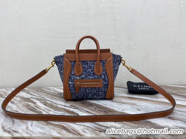 Top Grade CELINE NANO LUGGAGE BAG IN FLORAL JACQUARD AND CALFSKIN 189242 TAN&BLUE