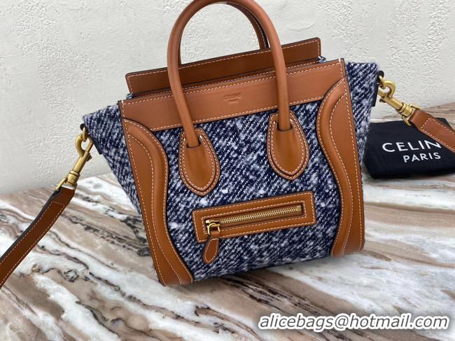 Top Grade CELINE NANO LUGGAGE BAG IN FLORAL JACQUARD AND CALFSKIN 189242 TAN&BLUE