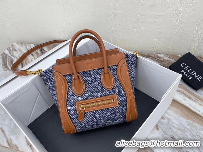 Top Grade CELINE NANO LUGGAGE BAG IN FLORAL JACQUARD AND CALFSKIN 189242 TAN&BLUE