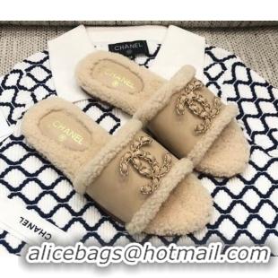 Low Price Chanel Wool Leather Chain CC Flat Slide Sandals 92201 Beige