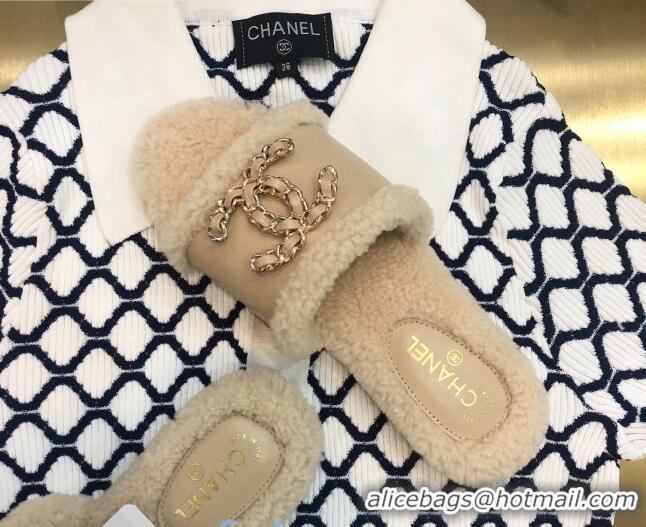 Low Price Chanel Wool Leather Chain CC Flat Slide Sandals 92201 Beige