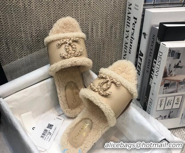 Low Price Chanel Wool Leather Chain CC Flat Slide Sandals 92201 Beige