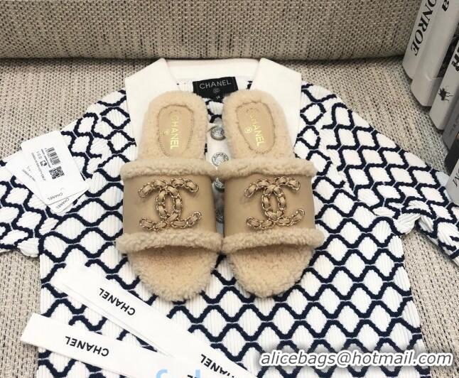 Low Price Chanel Wool Leather Chain CC Flat Slide Sandals 92201 Beige