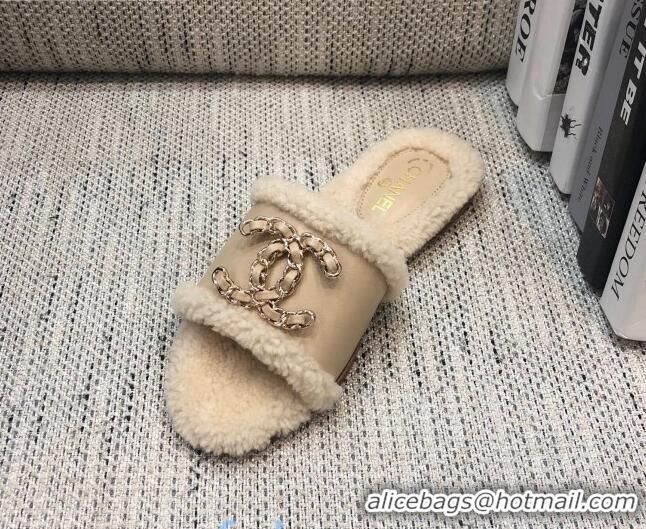 Low Price Chanel Wool Leather Chain CC Flat Slide Sandals 92201 Beige