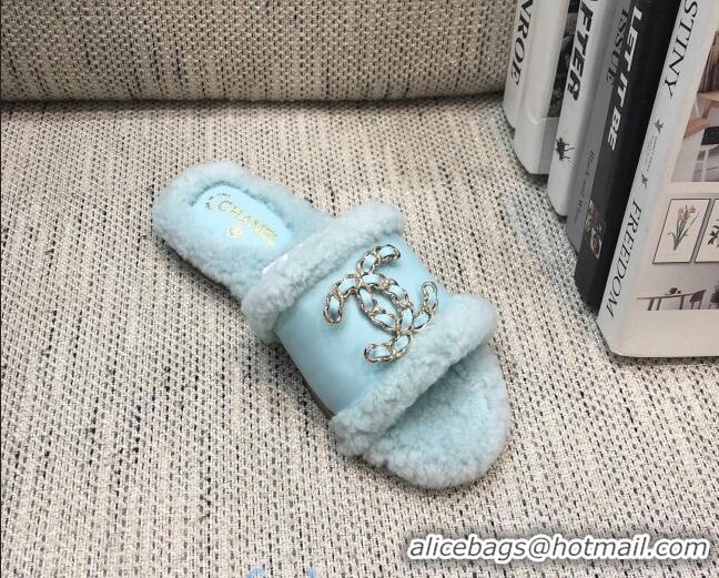 Sophisticated Chanel Wool Leather Chain CC Flat Slide Sandals 92201 Blue