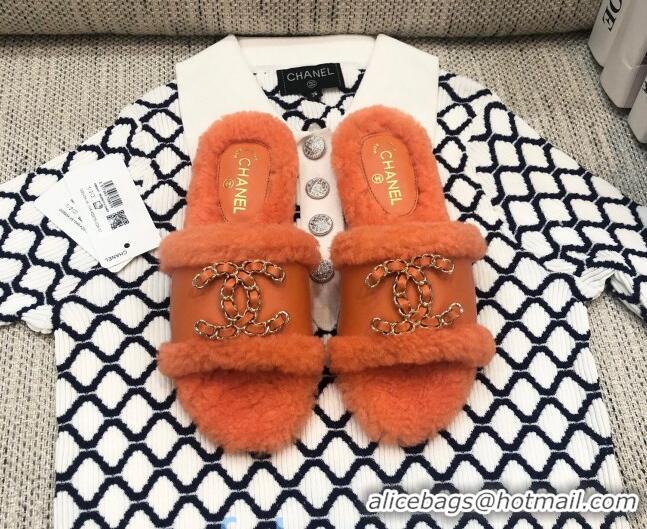 Hot Style Chanel Wool Leather Chain CC Flat Slide Sandals 92201 Orange