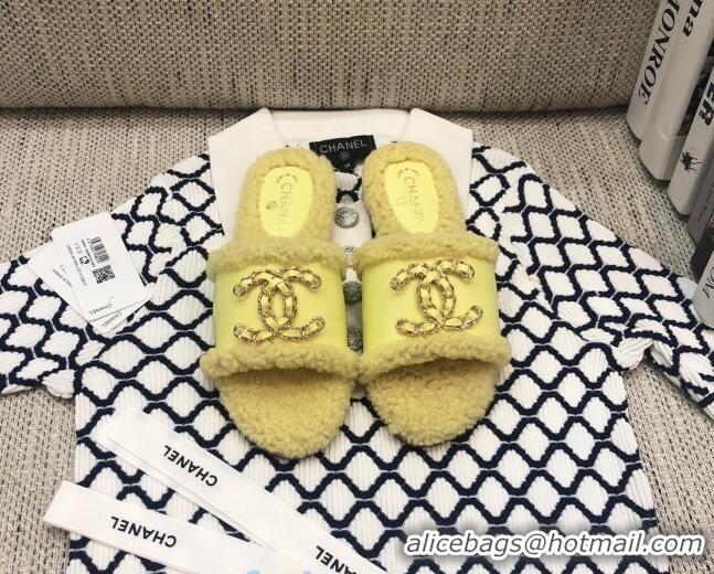 Stylish Chanel Wool Leather Chain CC Flat Slide Sandals 92201 Yellow