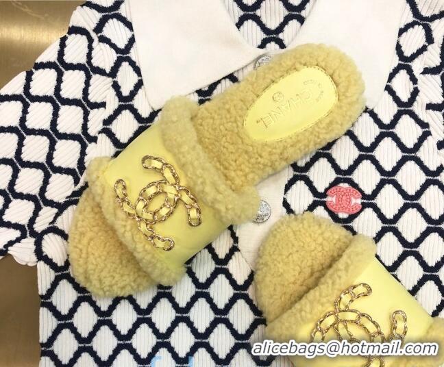 Stylish Chanel Wool Leather Chain CC Flat Slide Sandals 92201 Yellow