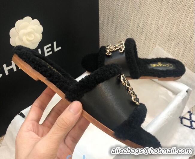 Best Grade Chanel Wool Leather Chain CC Flat Slide Sandals 92201 Black