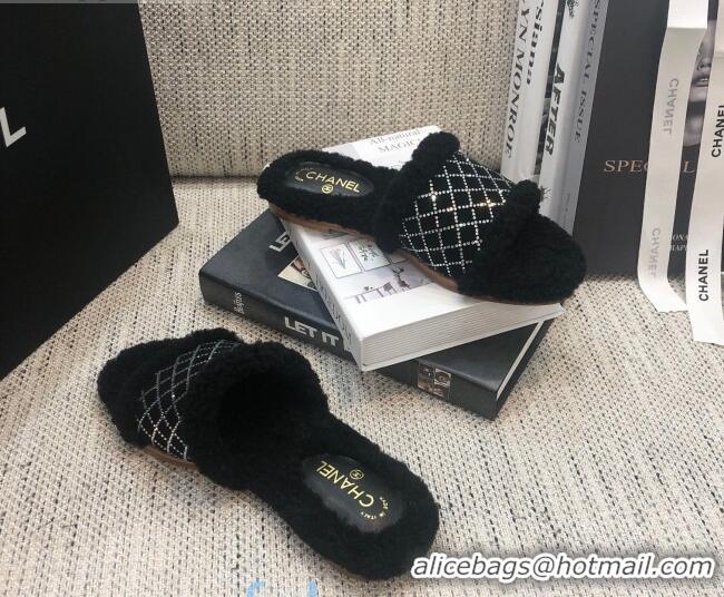 Grade Chanel Wool Leather Quilted Crystal Flat Slide Sandals 92208 Black 