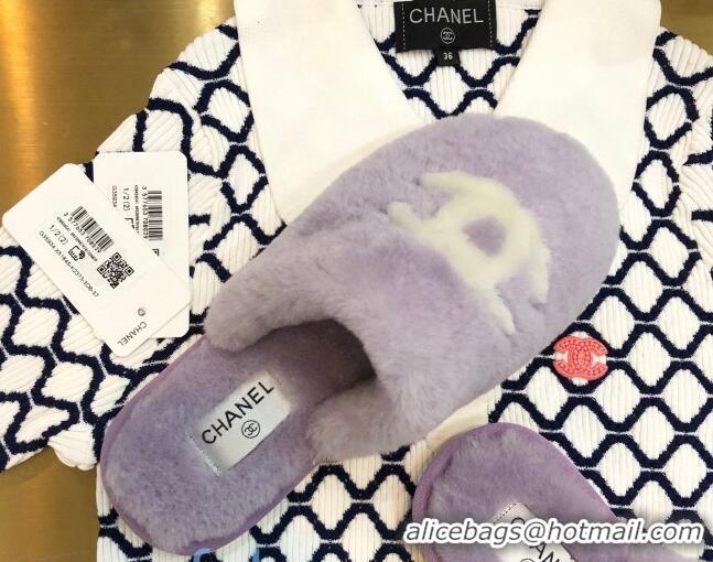 Luxury Hot Chanel Wool CC Flat Slipper Mules Purple 92217