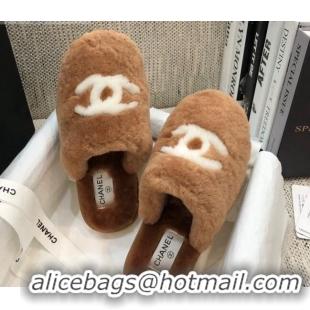 Hot Style Chanel Wool CC Flat Slipper Mules Brown 92219