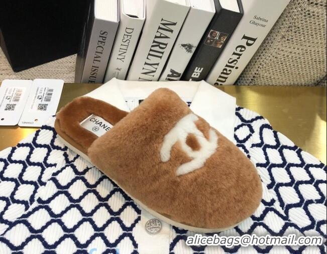 Hot Style Chanel Wool CC Flat Slipper Mules Brown 92219