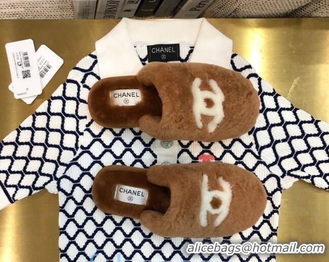 Hot Style Chanel Wool CC Flat Slipper Mules Brown 92219