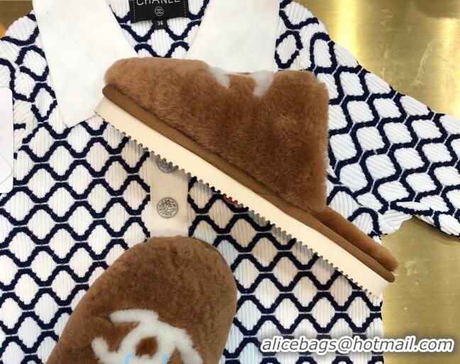 Hot Style Chanel Wool CC Flat Slipper Mules Brown 92219