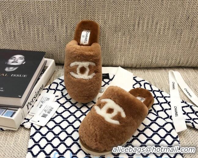 Hot Style Chanel Wool CC Flat Slipper Mules Brown 92219