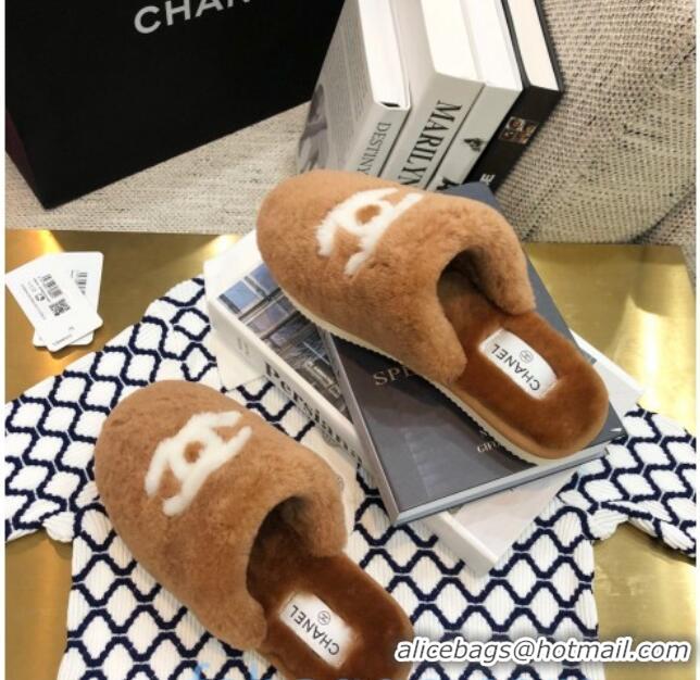 Hot Style Chanel Wool CC Flat Slipper Mules Brown 92219