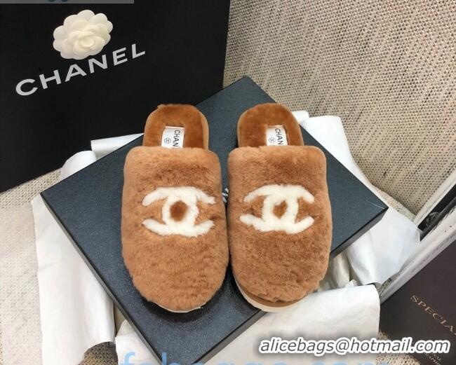 Hot Style Chanel Wool CC Flat Slipper Mules Brown 92219