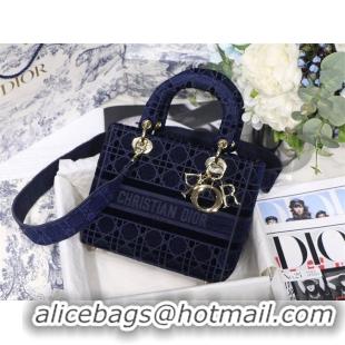 Pretty Style DIOR MEDIUM LADY D-LITE BAG Blue Cannage Embroidered Velvet M0565