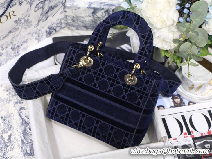 Pretty Style DIOR MEDIUM LADY D-LITE BAG Blue Cannage Embroidered Velvet M0565