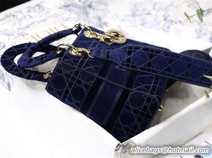 Pretty Style DIOR MEDIUM LADY D-LITE BAG Blue Cannage Embroidered Velvet M0565