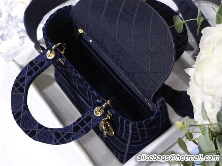 Pretty Style DIOR MEDIUM LADY D-LITE BAG Blue Cannage Embroidered Velvet M0565