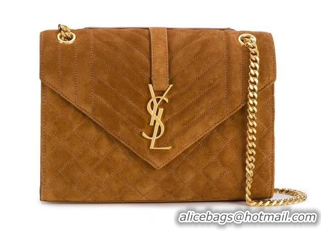 Trendy Design YSL ENVELOPPE MEDIUM BAG IN MIX MATELASSE GRAIN DE POUDRE EMBOSSED IN SUEDE Y487206 brown