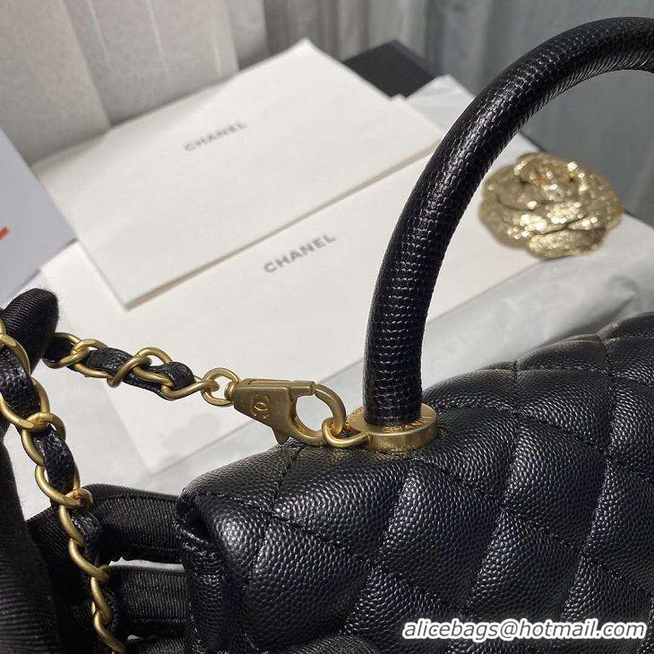 Best Chanel Coco Lizard leather Top Handle Flap Shoulder Bag in Grained Calfskin A92991 All Black