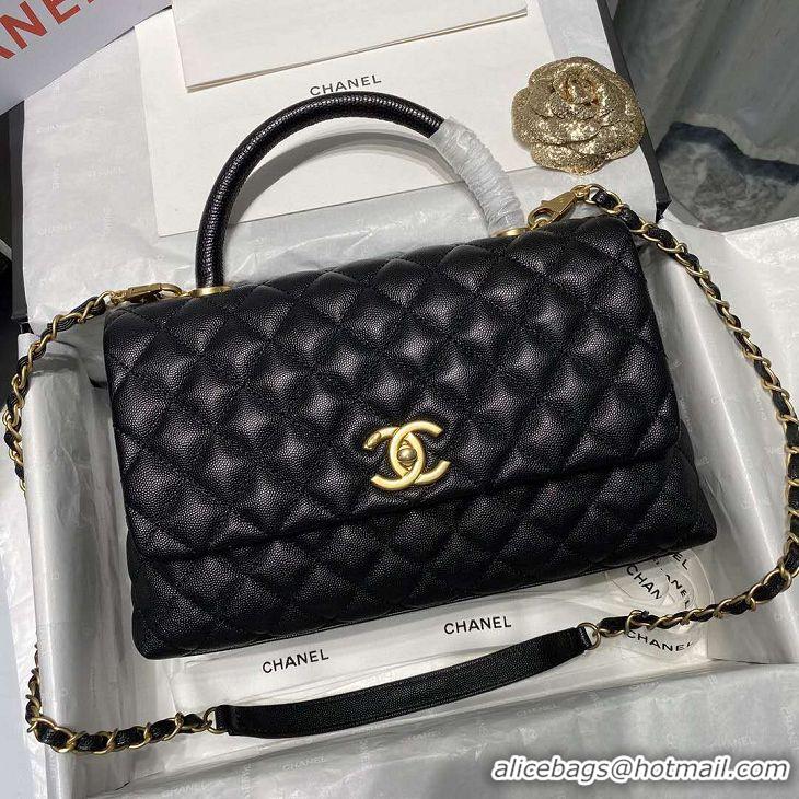 Best Chanel Coco Lizard leather Top Handle Flap Shoulder Bag in Grained Calfskin A92991 All Black