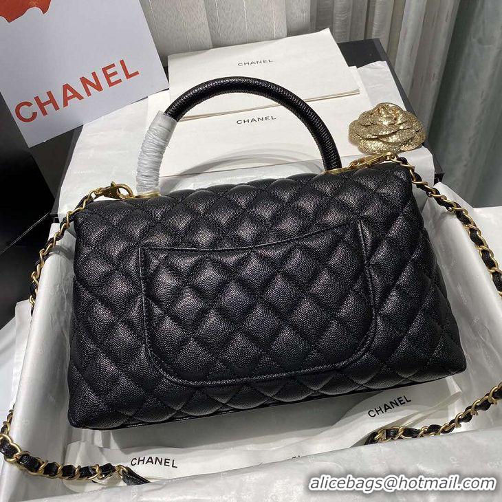 Best Chanel Coco Lizard leather Top Handle Flap Shoulder Bag in Grained Calfskin A92991 All Black