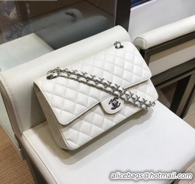 Top Quality Chanel Grained Caflskin Medium Classic Flap Bag A01112 White With Silver Hardware