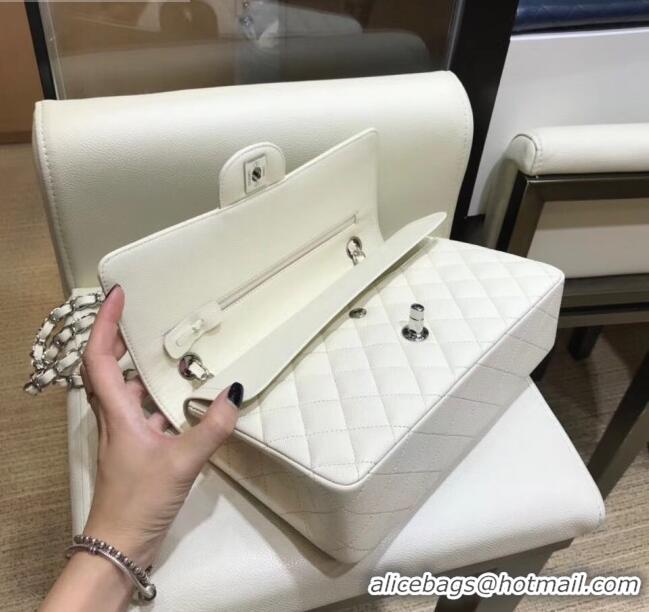 Top Quality Chanel Grained Caflskin Medium Classic Flap Bag A01112 White With Silver Hardware