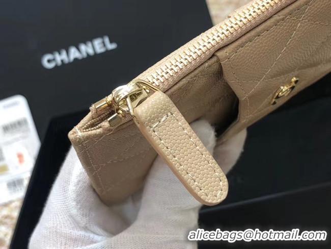 Classic Hot Chanel Calfskin Leather Card packet & Gold-Tone Metal A81598 beige