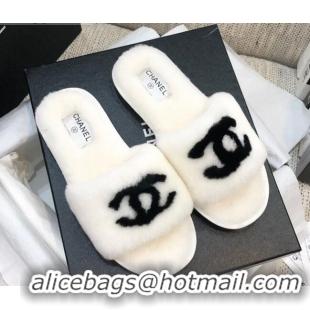 Lower Price Chanel Wool CC Flat Slipper Sandals White 92213