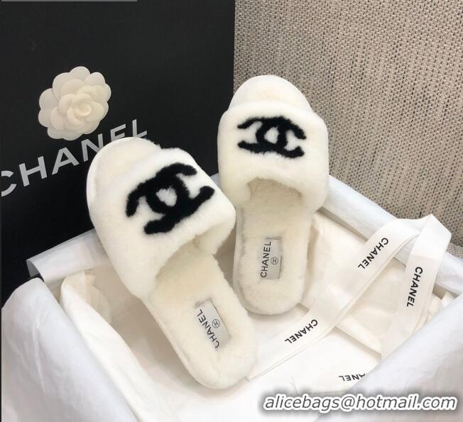 Lower Price Chanel Wool CC Flat Slipper Sandals White 92213