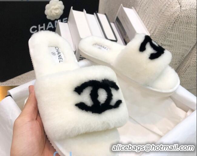 Lower Price Chanel Wool CC Flat Slipper Sandals White 92213