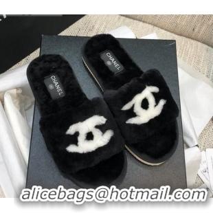 Charming Chanel Wool CC Flat Slipper Sandals Black 92214