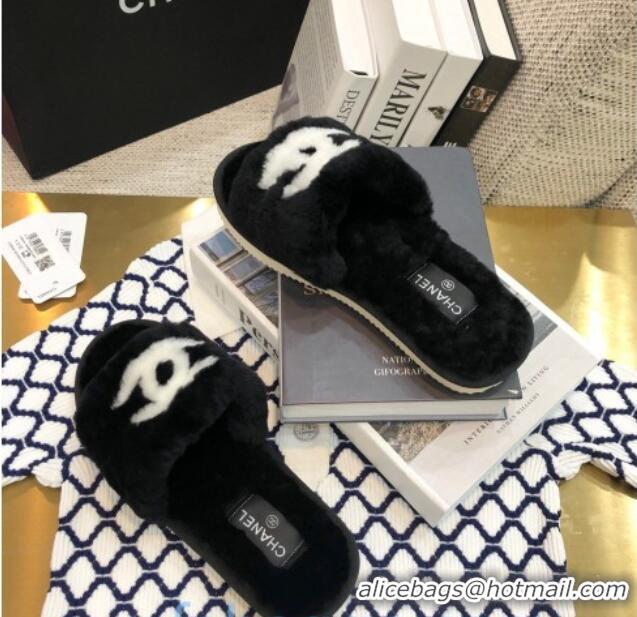 Charming Chanel Wool CC Flat Slipper Sandals Black 92214