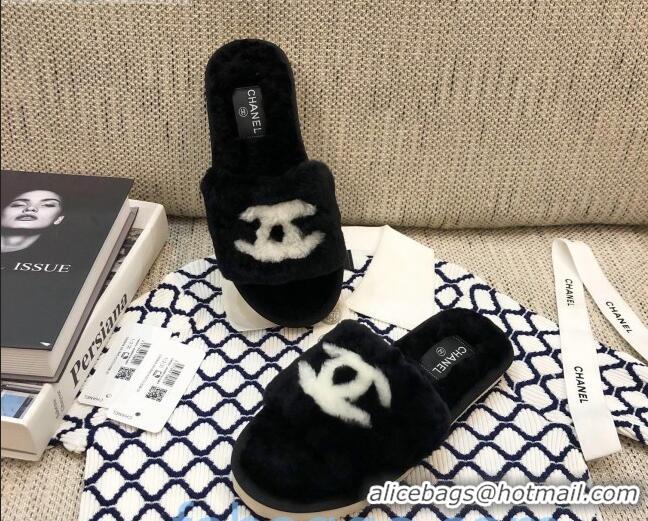 Charming Chanel Wool CC Flat Slipper Sandals Black 92214