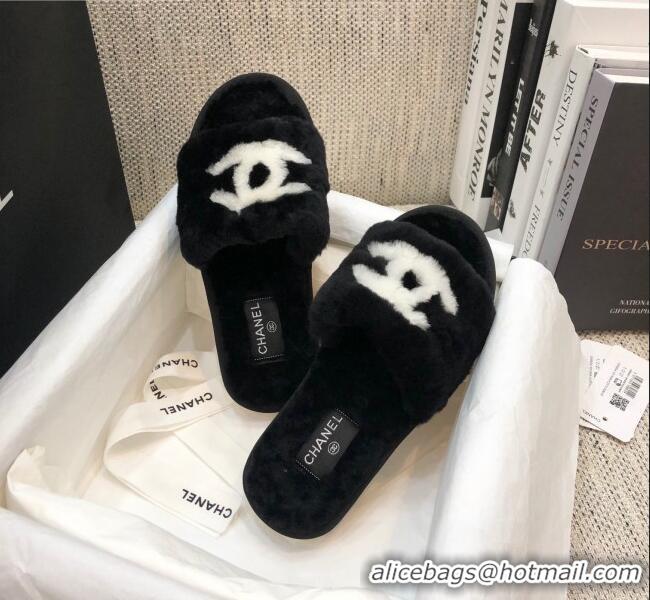 Charming Chanel Wool CC Flat Slipper Sandals Black 92214